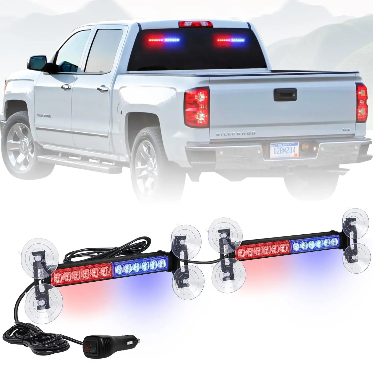 2 in 1 Red Blue Car Grille Emergency Strobe Light LED Police Lights Hazard Warning Flashing Safety Front/Rear Windshield Lamps