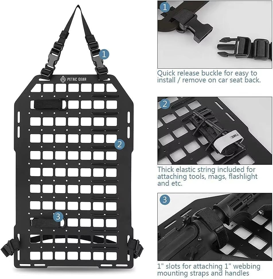 Tactical Car Seat Back Organizer with Rigid Molle Panels for Vehicle Gear Storage and Truck Mount Rack Accessories