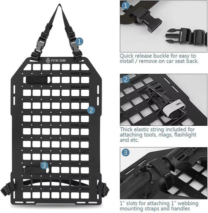 Tactical Car Seat Back Organizer with Rigid Molle Panels for Vehicle Gear Storage and Truck Mount Rack Accessories