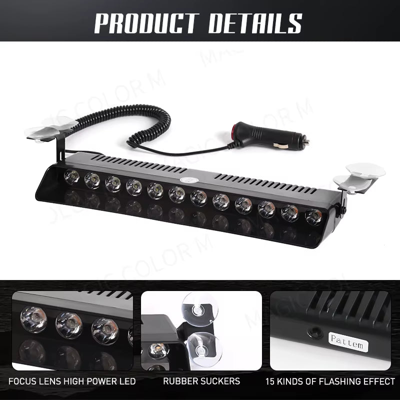 Car Strobe Light Flash Warning Signal Lamp Red Blue Beacon Police Fireman Emergency Windshield Trailer Vehicle Indicators 12V