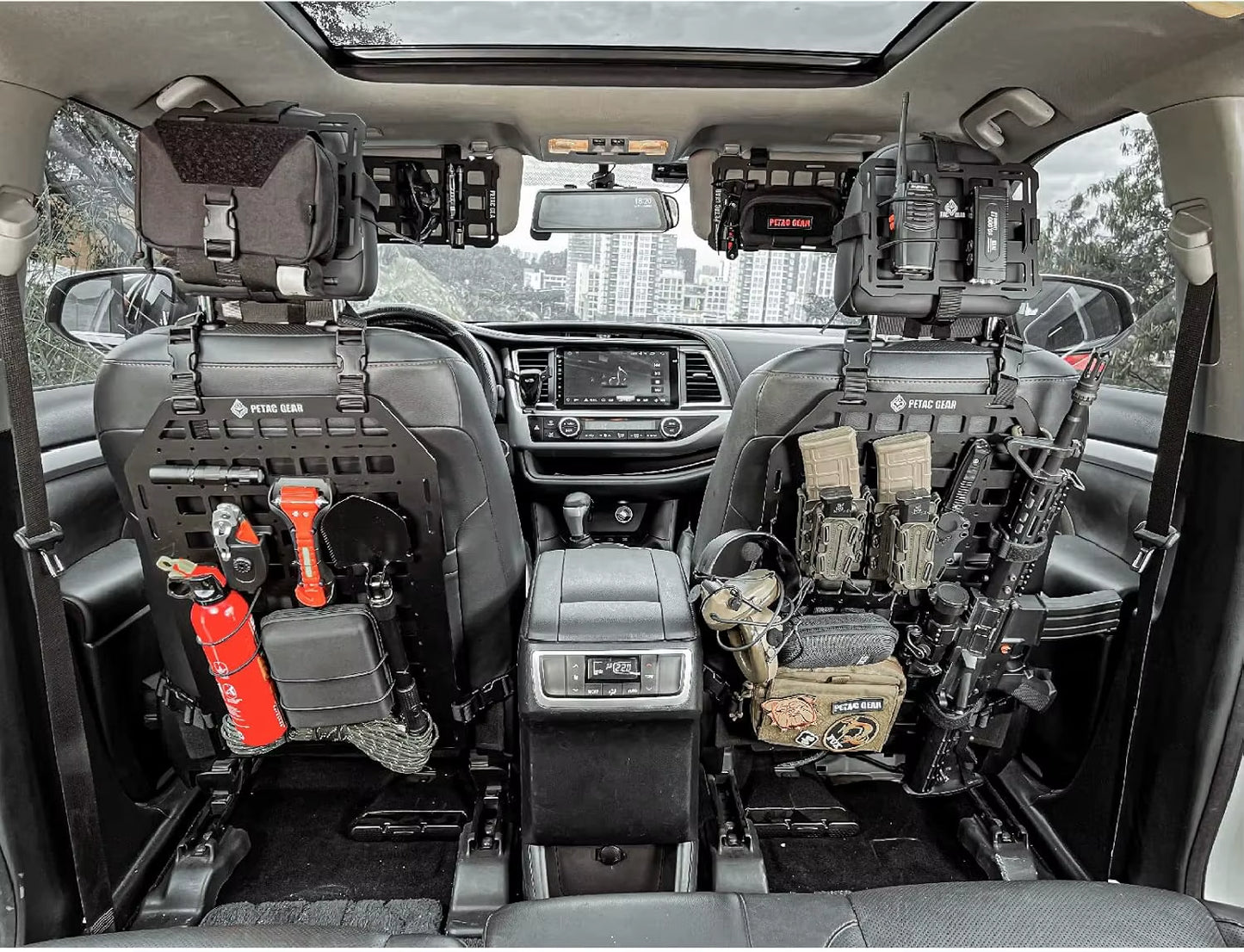 Tactical Car Seat Back Organizer with Rigid Molle Panels for Vehicle Gear Storage and Truck Mount Rack Accessories