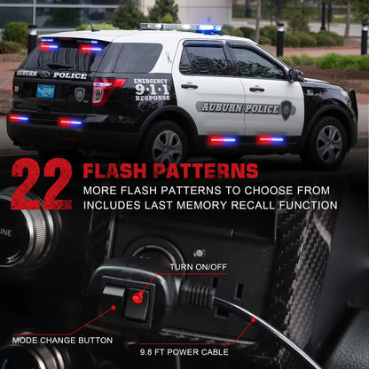 2 in 1 Red Blue Car Grille Emergency Strobe Light LED Police Lights Hazard Warning Flashing Safety Front/Rear Windshield Lamps