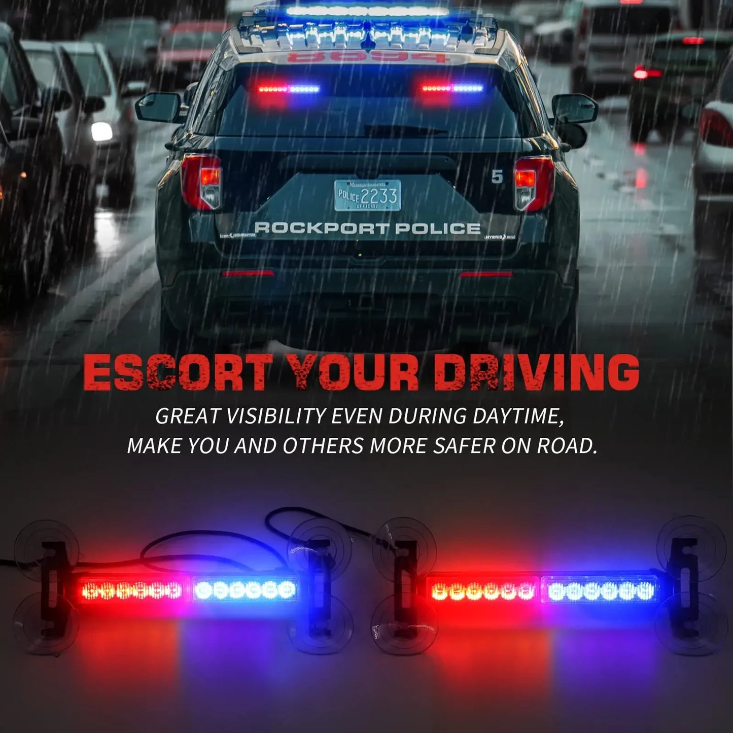 2 in 1 Red Blue Car Grille Emergency Strobe Light LED Police Lights Hazard Warning Flashing Safety Front/Rear Windshield Lamps