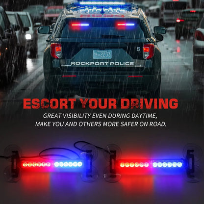 2 in 1 Red Blue Car Grille Emergency Strobe Light LED Police Lights Hazard Warning Flashing Safety Front/Rear Windshield Lamps