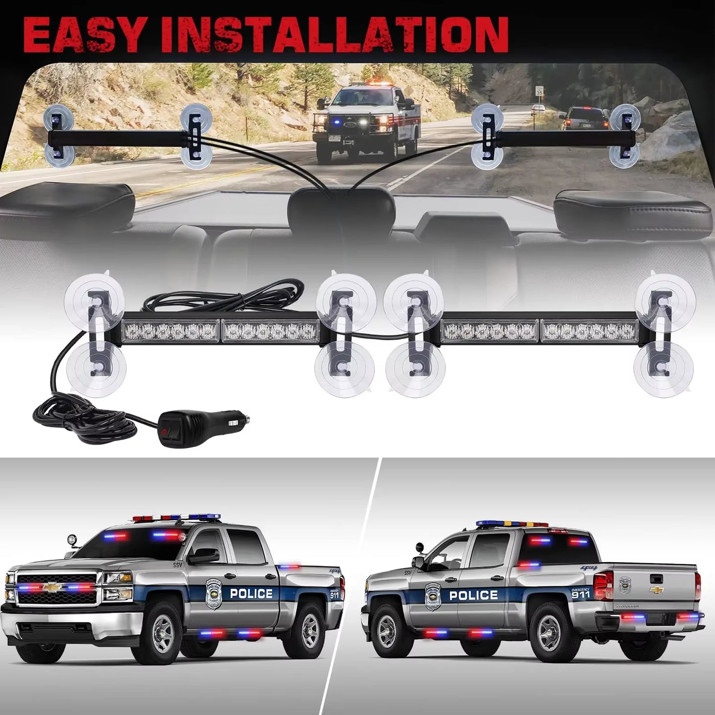 2 in 1 Red Blue Car Grille Emergency Strobe Light LED Police Lights Hazard Warning Flashing Safety Front/Rear Windshield Lamps