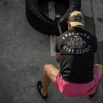 Pray Hard. Lift Heavy. Stay Deadly. Men's T-Shirt