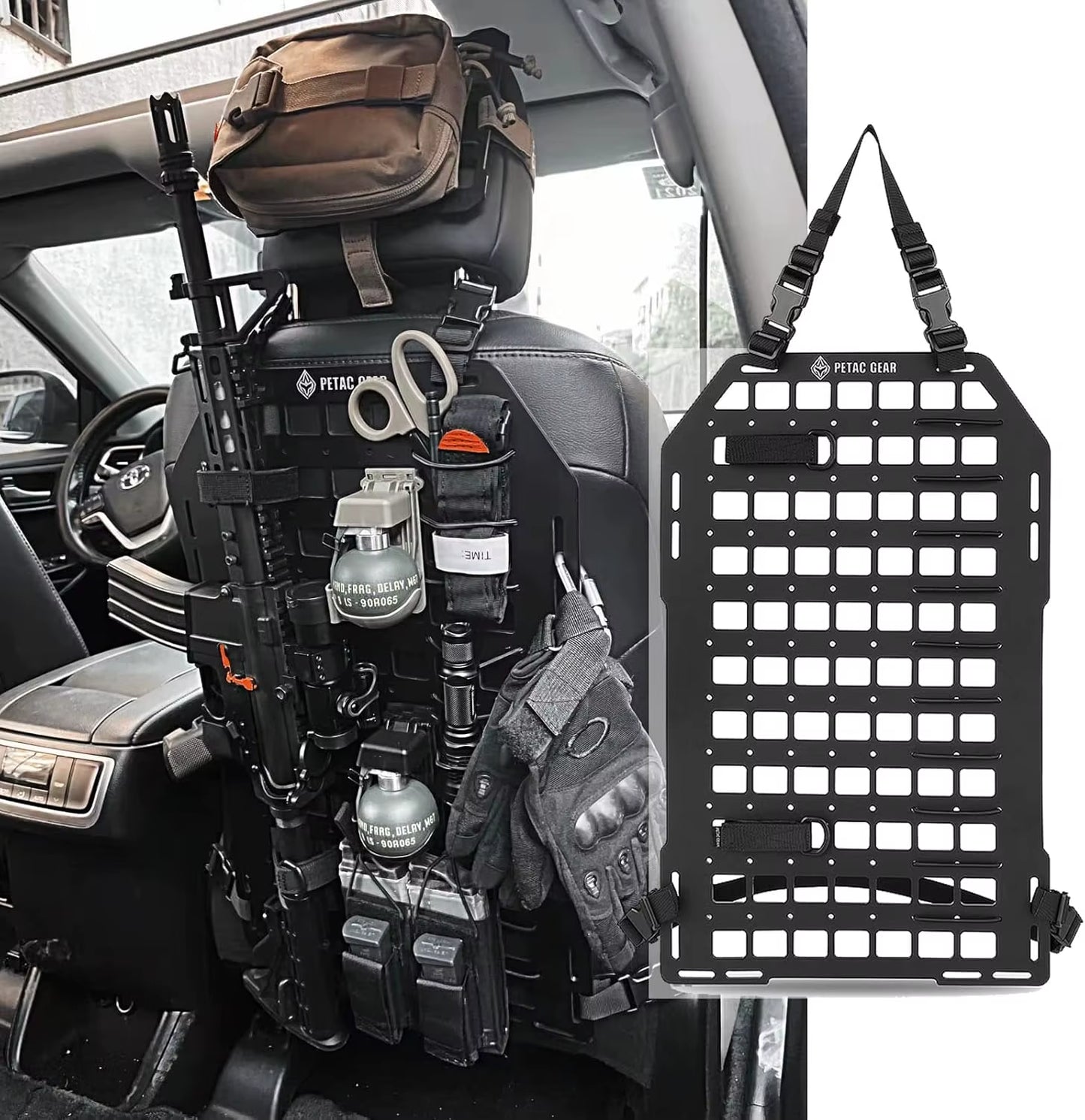 Tactical Car Seat Back Organizer with Rigid Molle Panels for Vehicle Gear Storage and Truck Mount Rack Accessories