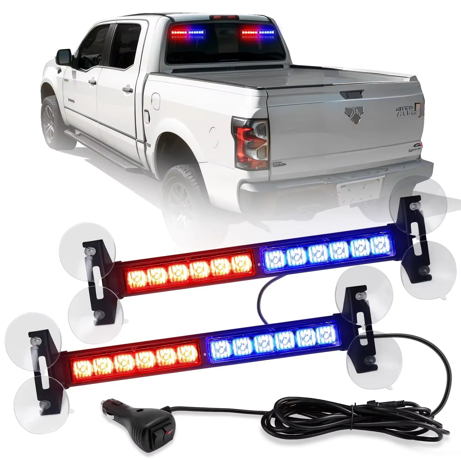 2 in 1 Red Blue Car Grille Emergency Strobe Light LED Police Lights Hazard Warning Flashing Safety Front/Rear Windshield Lamps