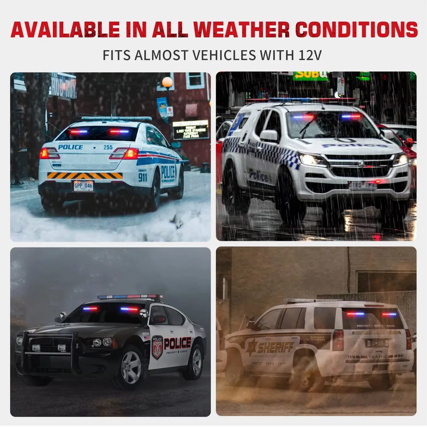 2 in 1 Red Blue Car Grille Emergency Strobe Light LED Police Lights Hazard Warning Flashing Safety Front/Rear Windshield Lamps